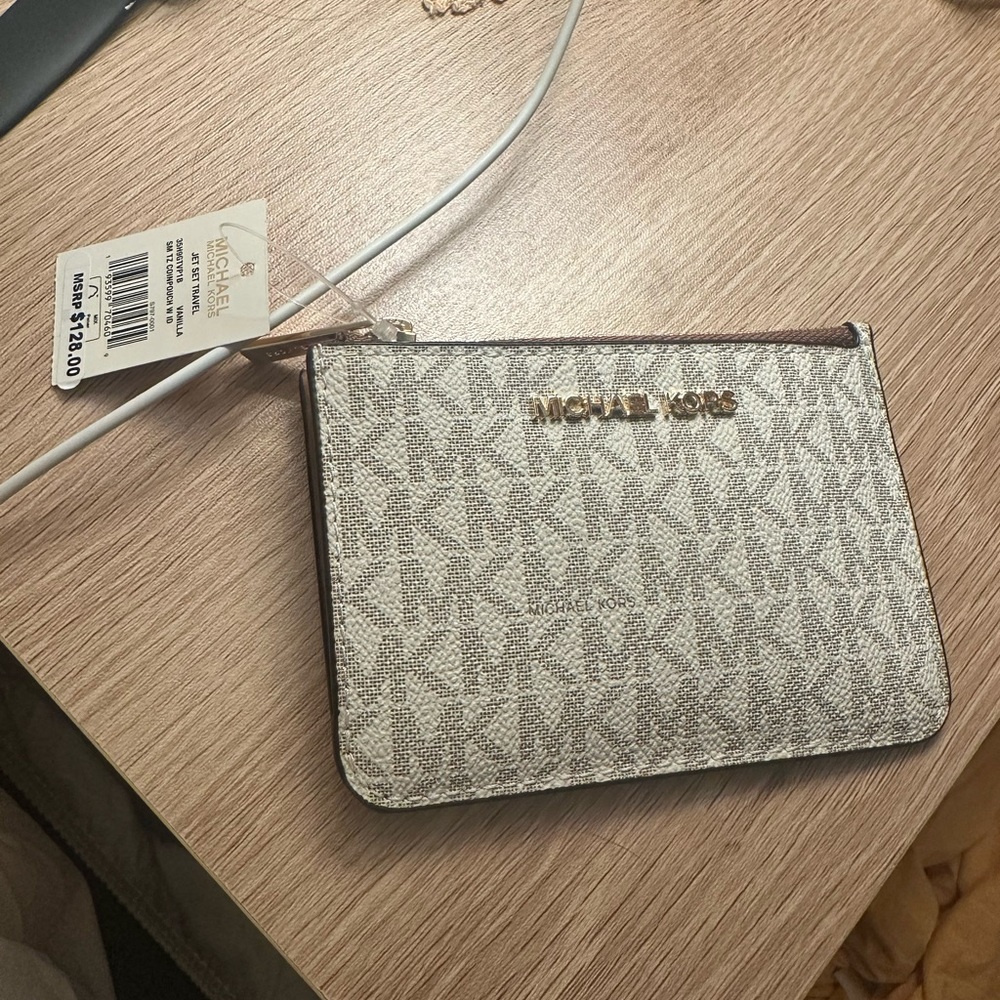 Michael Kors Beige Signature MK Zip Pouch with Gold Hardware
